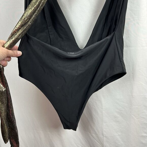 OMG Miami Swimwear Black Swimsuit Size Large Metallic Gold Tie Backs Revealing - Picture 8 of 11